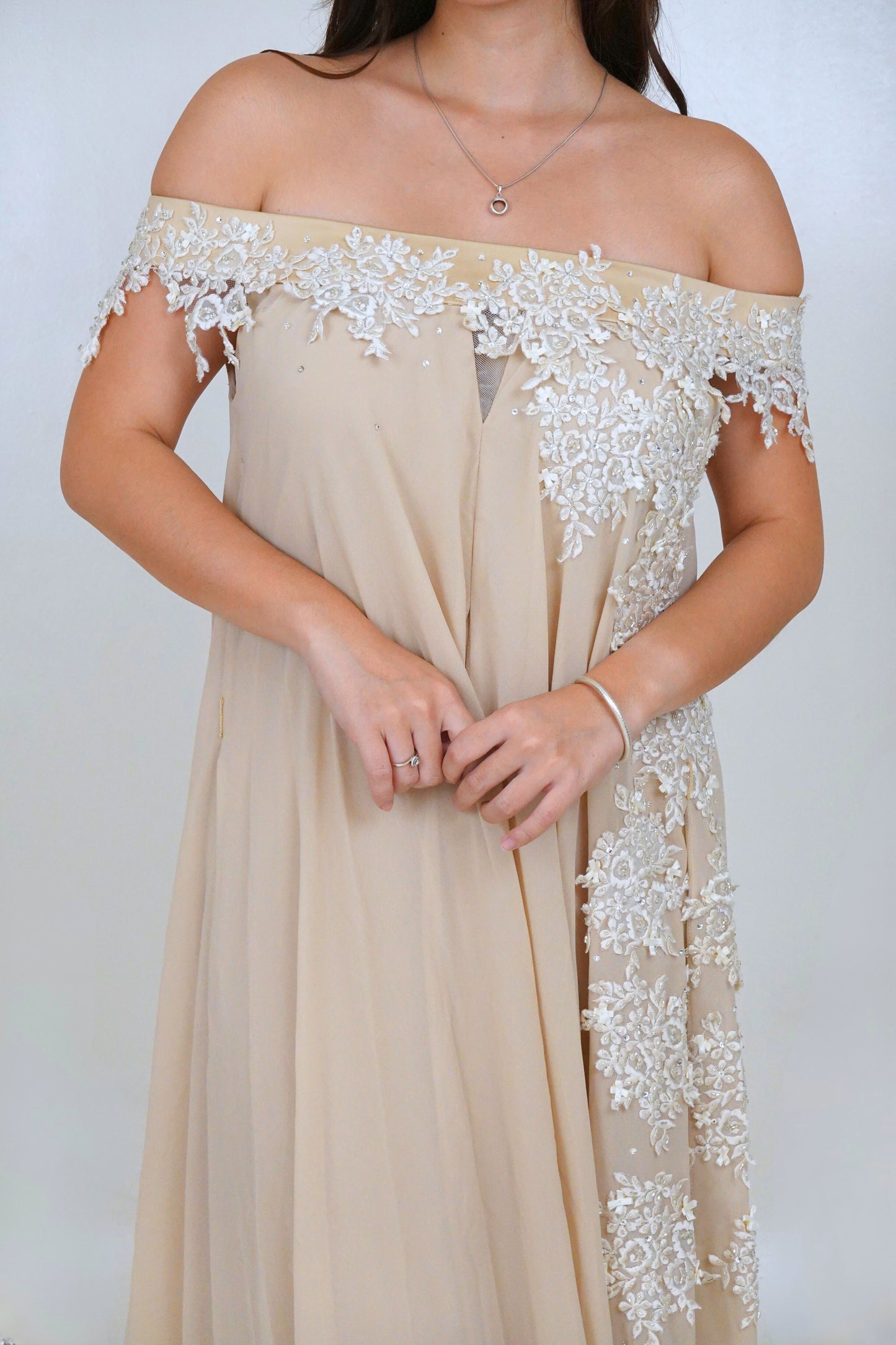 Jun Escario | Off shoulder gown with lace