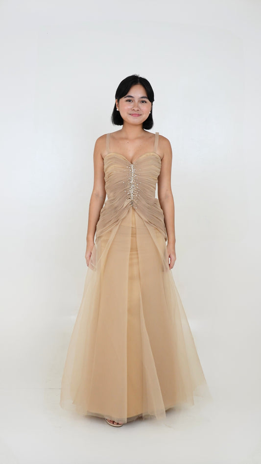 Roni Yu | Nude Pleated gown