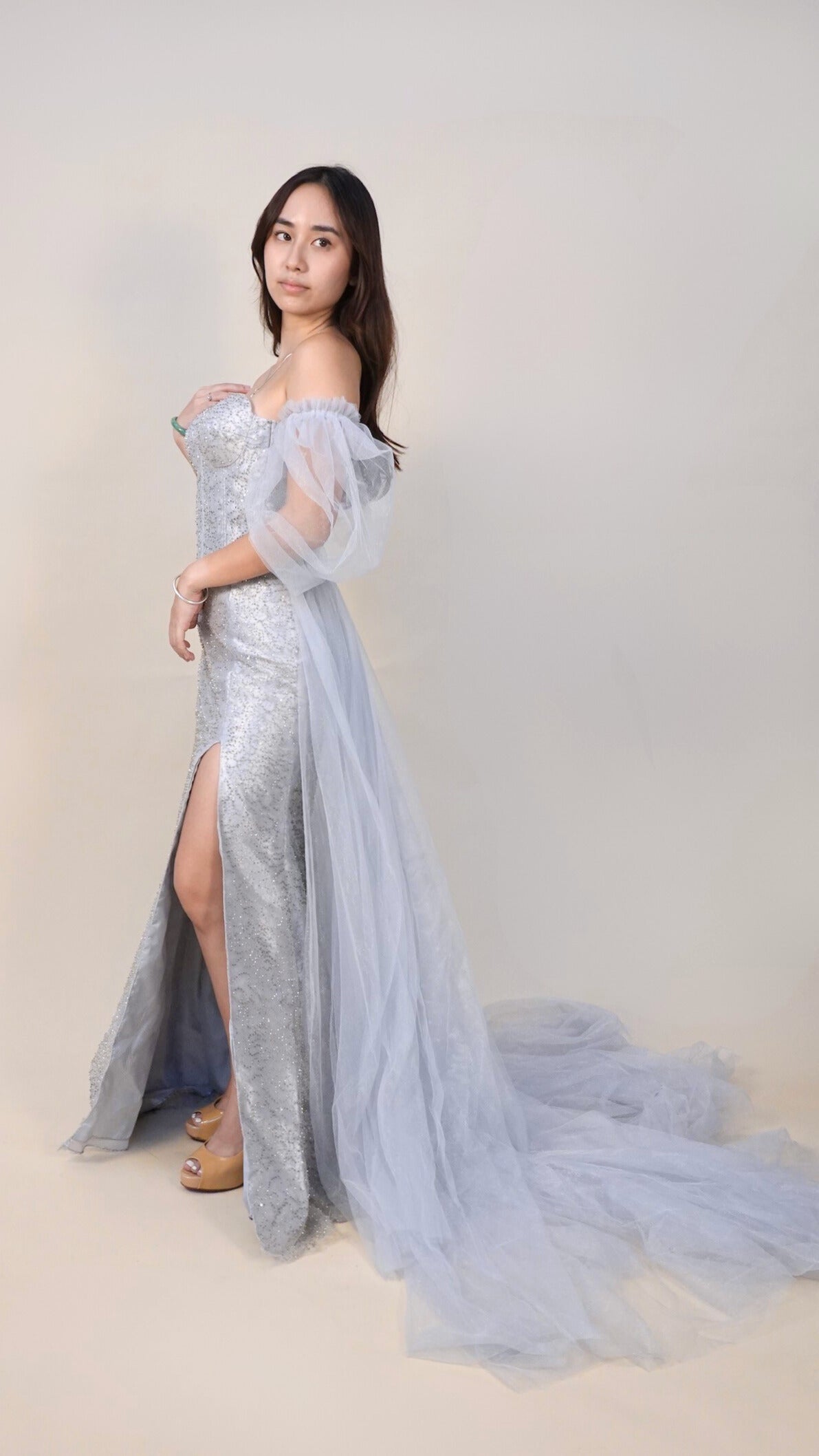 Roni Yu | Fully beaded gown with tulle trail
