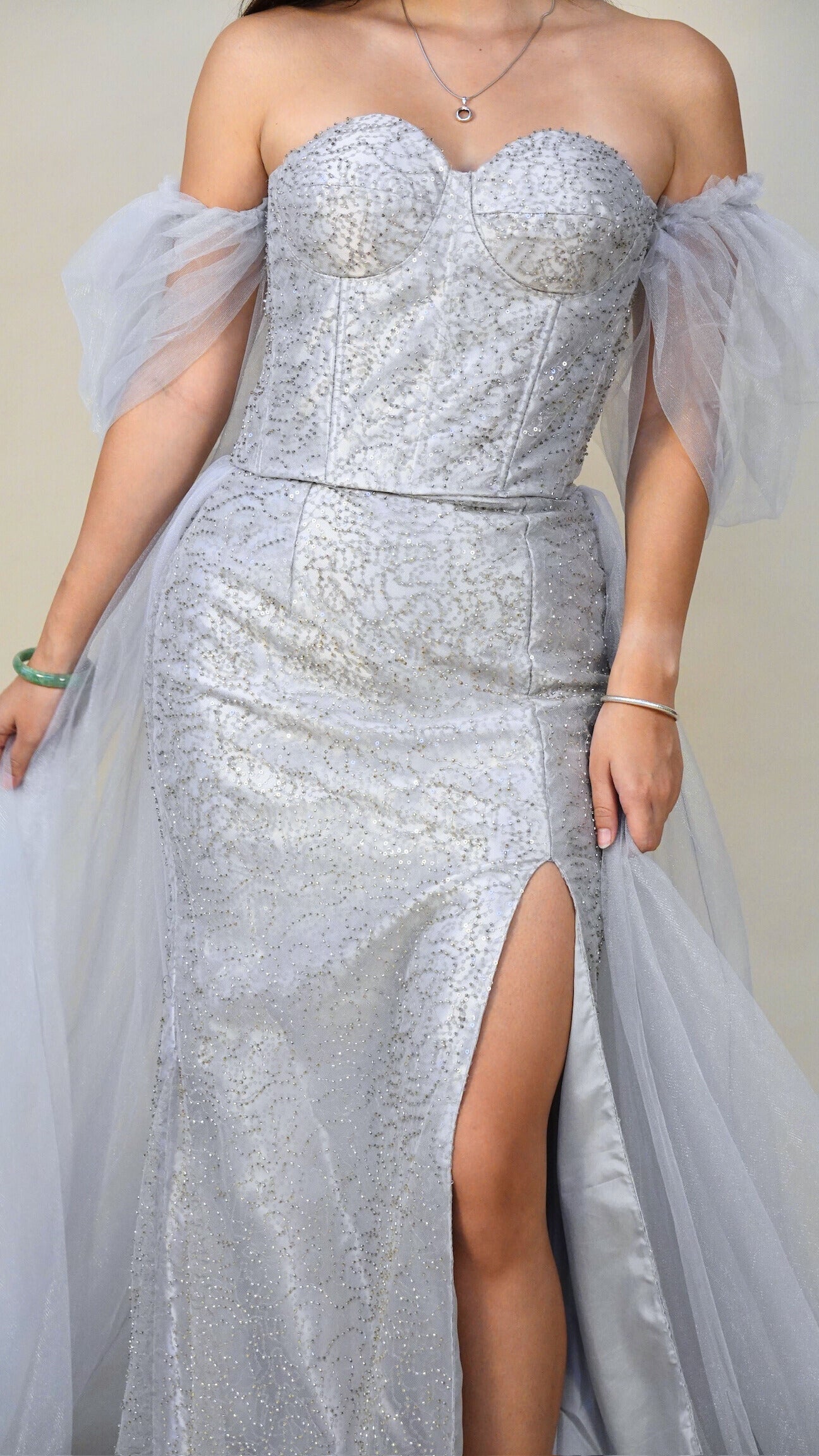 Roni Yu | Fully beaded gown with tulle trail