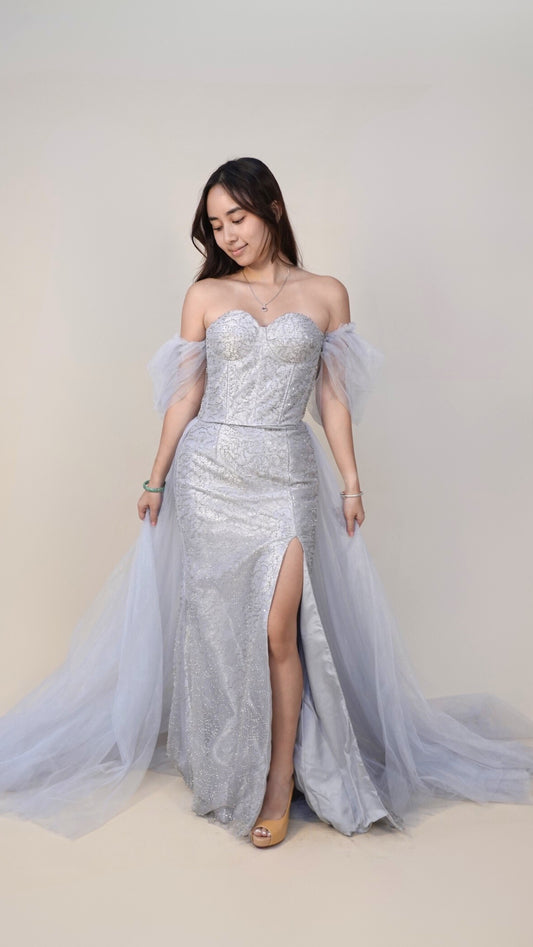 Roni Yu | Fully beaded gown with tulle trail