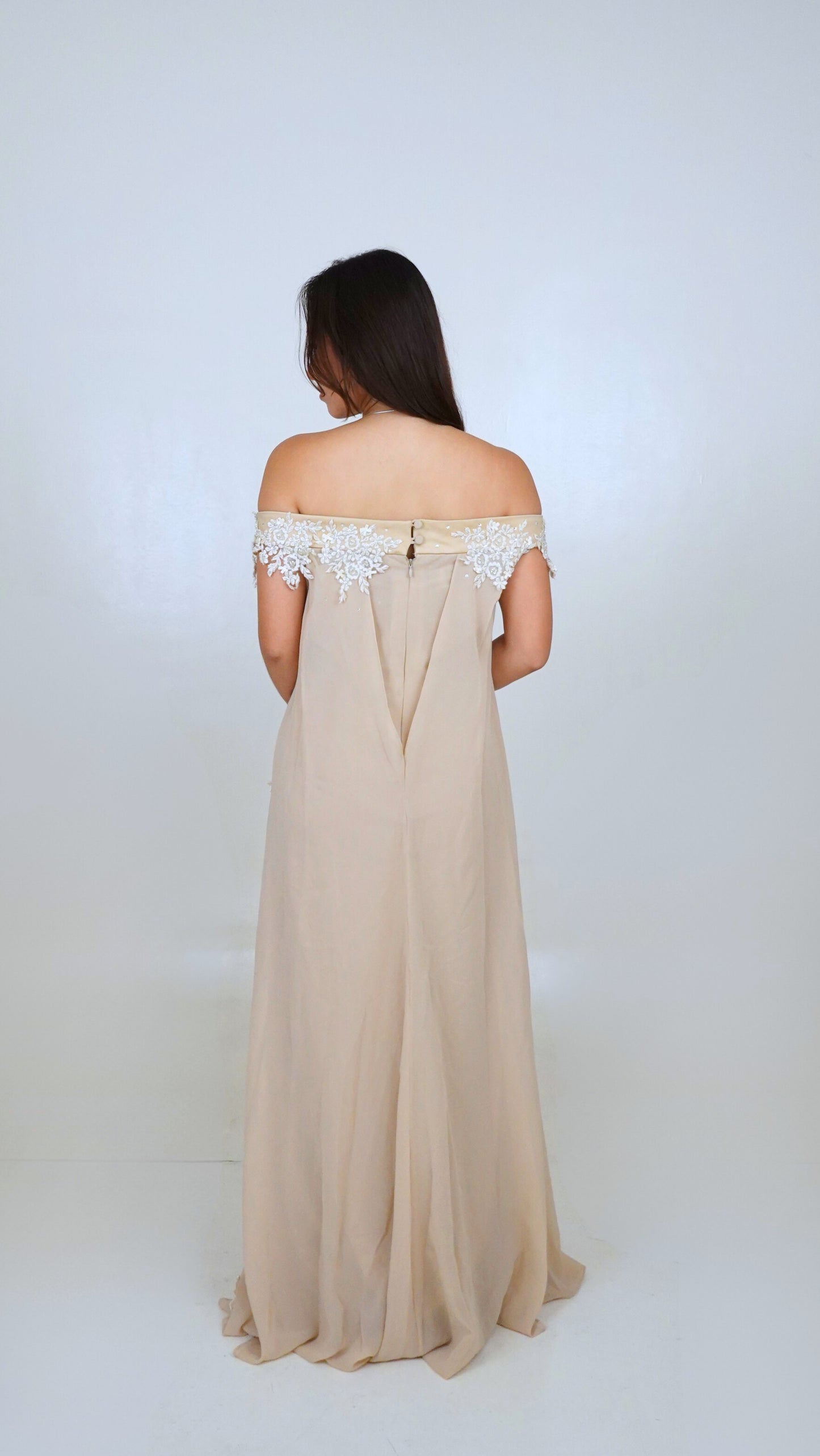 Jun Escario | Off shoulder gown with lace