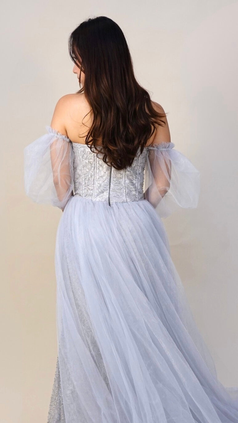 Roni Yu | Fully beaded gown with tulle trail