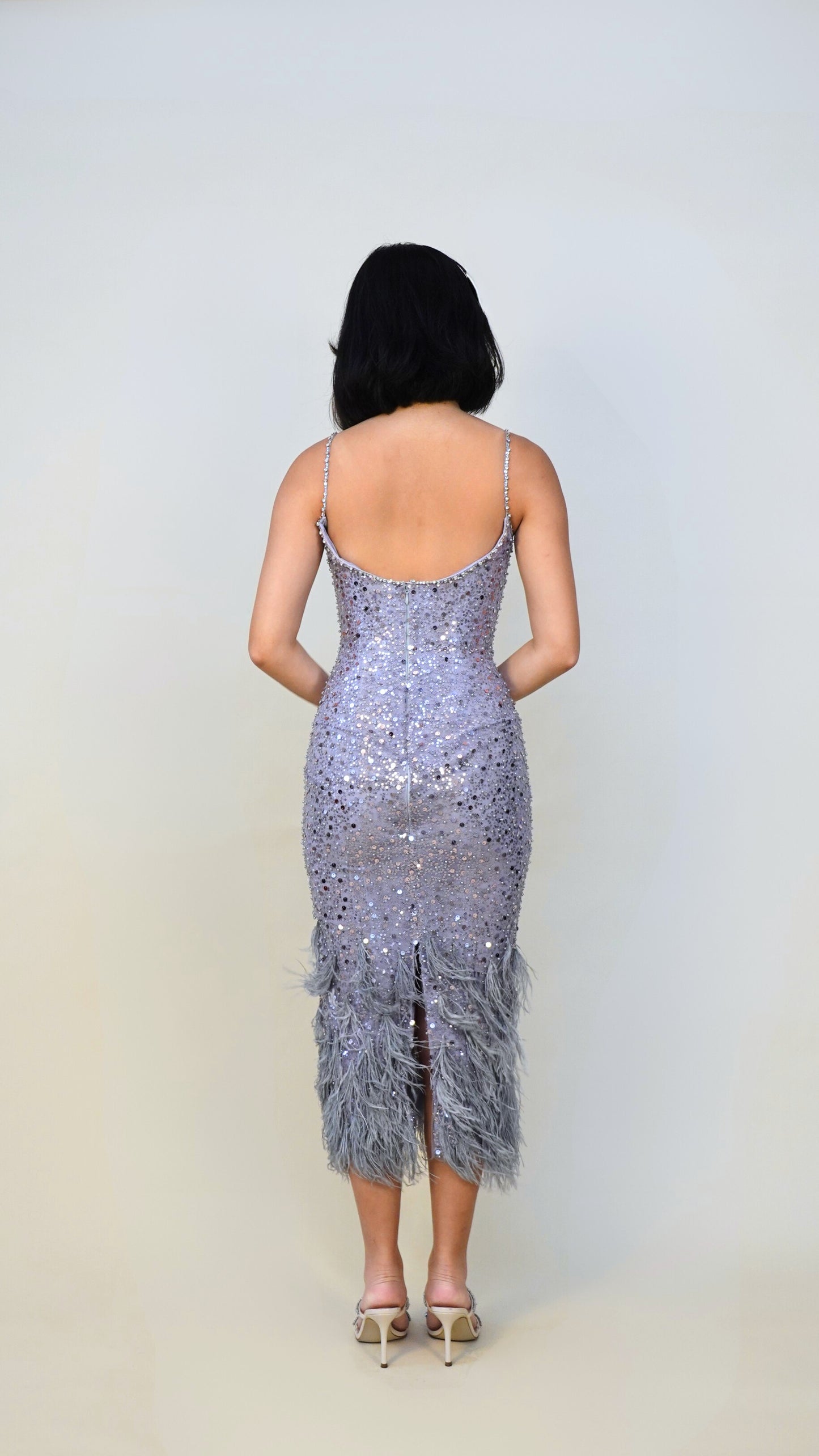 Julianne Syjuco | Beaded midi dress with Ostrich feathers