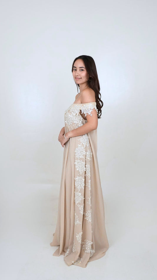 Jun Escario | Off shoulder gown with lace