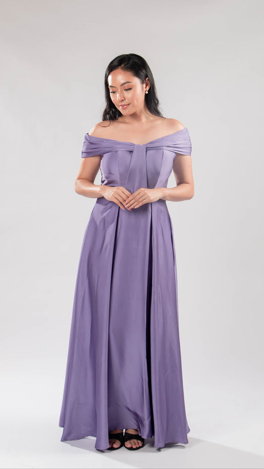Off shoulder satin gown