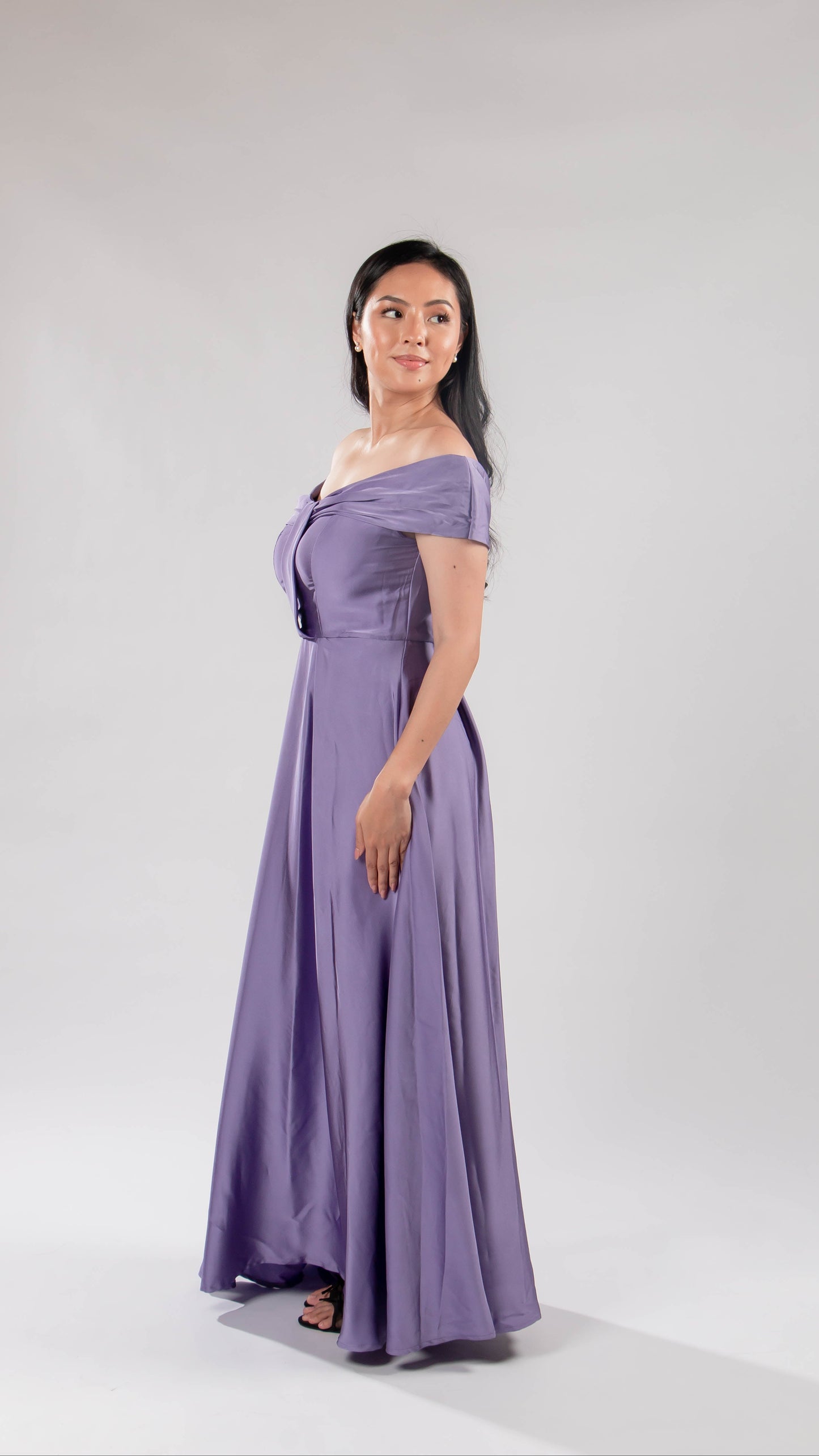 Off shoulder satin gown